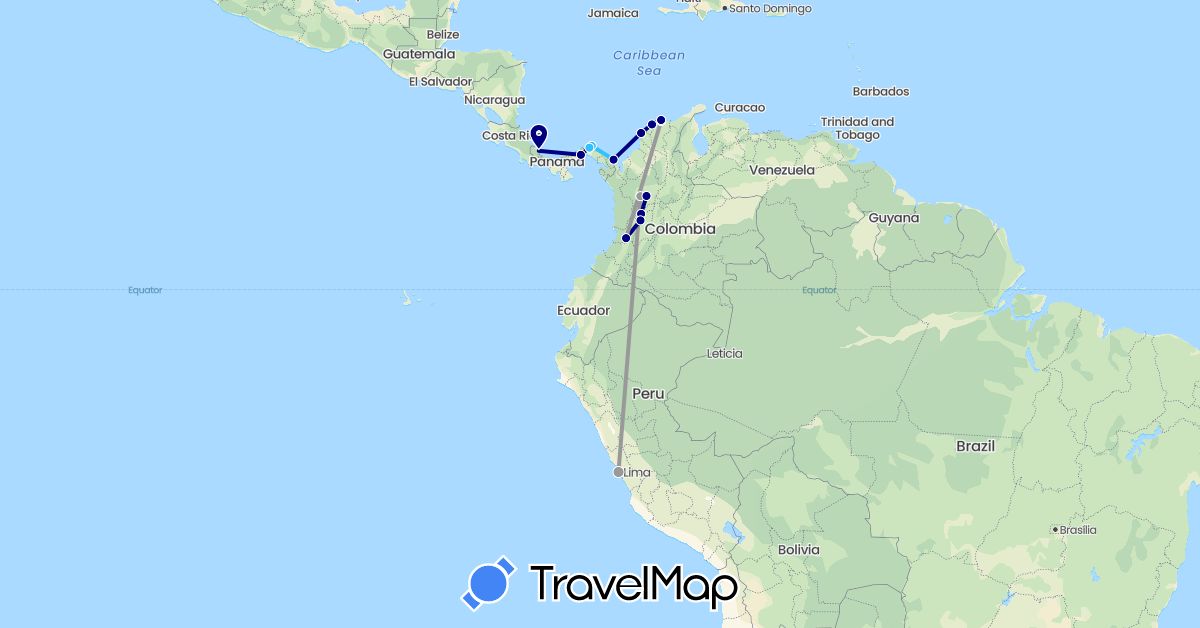 TravelMap itinerary: driving, plane, boat in Colombia, Panama, Peru (North America, South America)